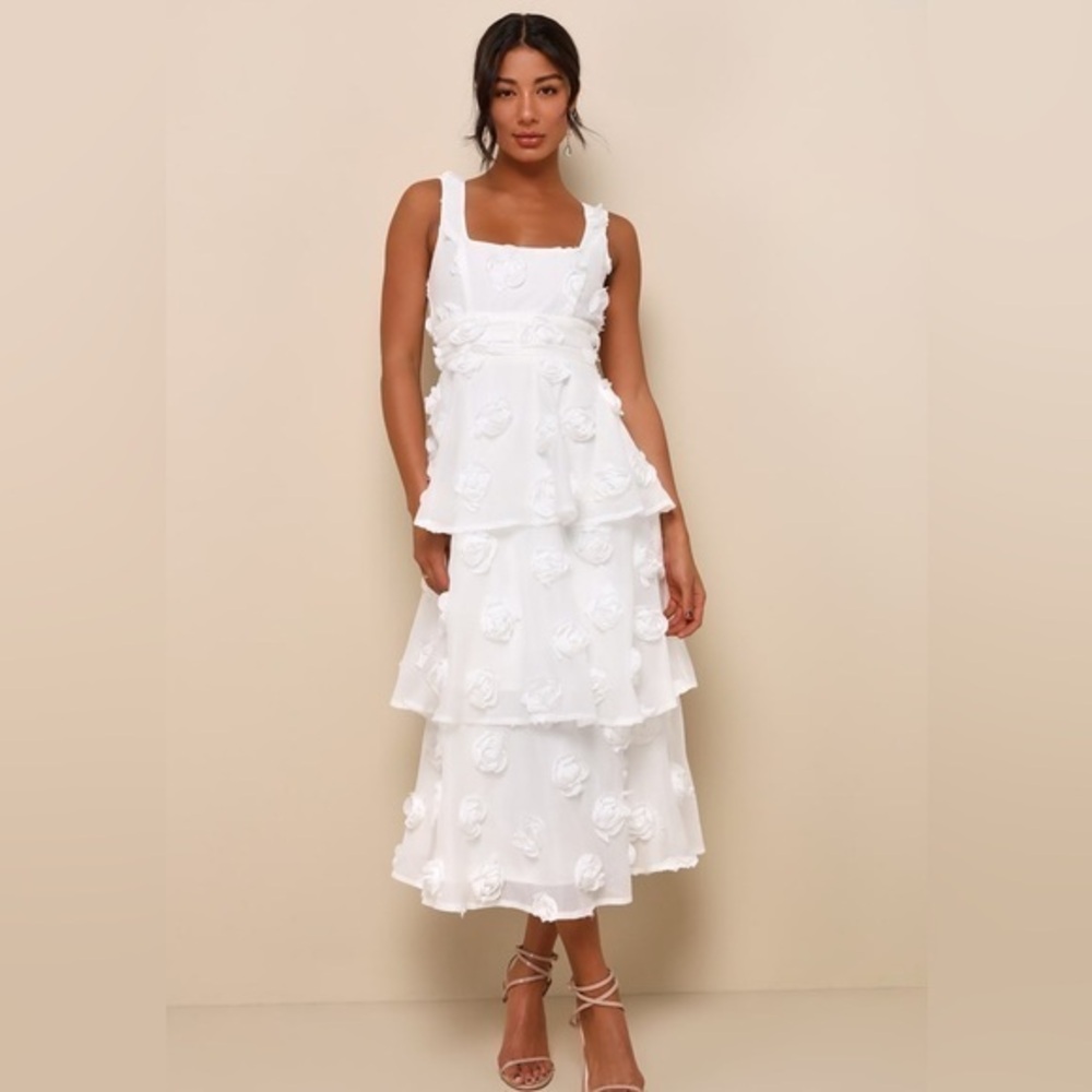 ⚫️ Exceptional Entrance White Sleeveless Tiered Rosette Midi Dress